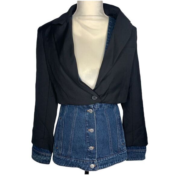 GAWQO Denim Spliced Blazer Jacket Womens M Buttons Pockets Corpcore Business‎